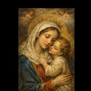 Pode incluir: Pintura religiosa retratando uma mulher com véu branco e túnica azul abraçando uma criança. Ambas as figuras têm auréolas douradas. Dois querubins estão ao fundo, com uma marca d'água na imagem.