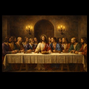 May include: A painting depicting the Last Supper, with Jesus and his disciples seated at a long table. The scene is illuminated by candlelight, with warm tones dominating the artwork. The word "WATERMARK" is visible.