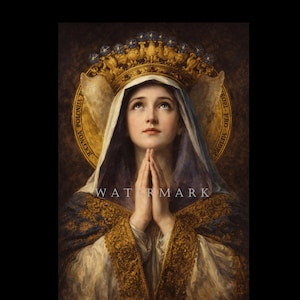 May include: A portrait of a figure with hands clasped in prayer, wearing a white head covering and a blue mantle with gold embroidery. A golden crown with stars sits atop the head, set against a circular halo with the text REGINA POLONIAE.