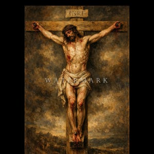May include: A painting depicting a man on a wooden cross, with a crown of thorns and blood visible. The cross has the inscription "INRI" at the top. The artwork is rendered in a classical style with a somber color palette.