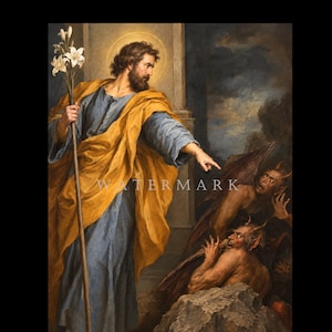 May include: A painting depicting a bearded figure in a blue tunic and gold cloak holding a staff topped with white lilies. The figure points toward two horned, winged creatures emerging from behind a rock in a dark, shadowed landscape setting.