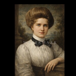 Pode incluir: Um retrato a óleo de uma pessoa com cabelo castanho volumoso, olhos azuis e pequenos brincos de ouro. O sujeito veste uma blusa branca de gola alta com um laço preto no colarinho e uma peça escura na cintura, contra um fundo de paisagem.