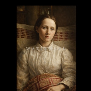 May include: A portrait of a woman in a white blouse and patterned blanket. The woman has brown hair and is looking directly at the viewer. The background is a soft, warm color.