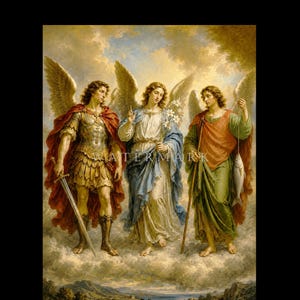 Puede incluir: Una pintura que representa a tres figuras aladas de pie sobre nubes. La figura de la izquierda viste una armadura dorada y una capa roja, sosteniendo una espada. La figura central viste túnicas blancas y azules, sosteniendo lirios blancos. La figura de la derecha sostiene un bastón y un pez.