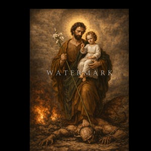 May include: A religious painting depicts a man with a halo holding a child, both in robes. The man holds a staff with flowers, and the child raises a hand. A figure lies chained below, with flames in the background. The word "WATERMARK" is visible.