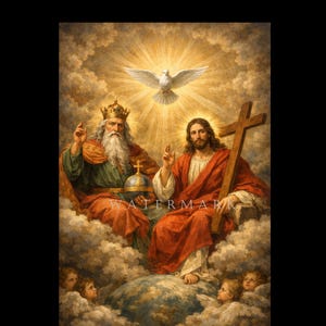 Puede incluir: Una pintura religiosa que representa a tres figuras en un entorno celestial. Una figura lleva una corona y sostiene un globo, otra sostiene una cruz y una paloma se cierne encima. Las figuras están rodeadas de nubes y luz.