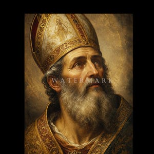 Może przedstawiać: Portret olejny starszej osoby z siwą brodą, ubranej w wysoką, zdobioną, złotą mitrę z postacią religijną i skomplikowanymi wzorami. Postać ma na sobie pasującą szatę haftowaną złotem z ciemnymi akcentami.