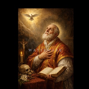 Peut inclure: Une peinture religieuse représentant un personnage âgé à barbe vêtu d'ornements rouges et dorés, regardant vers le haut une colombe blanche dans une lumière dorée. Un crâne, une bougie allumée, un crucifix et un livre ouvert sont sur une table.