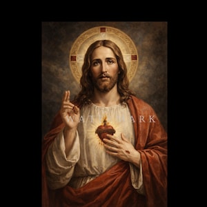 Könnte beinhalten: Ein religiöses Gemälde, das eine Figur mit langem braunem Haar und Bart zeigt, bekleidet mit einer weißen Tunika und einem roten Gewand. Ein leuchtendes Heiligstes Herz ist auf der Brust zu sehen, und ein goldener Heiligenschein umgibt den Kopf. Das Wort WATERMARK ist sichtbar.