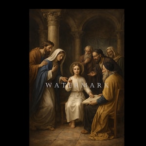 May include: A classical painting depicts a young person with a halo, seated and gesturing, surrounded by several figures. The scene is set in a room with columns and arches. The figures are dressed in robes of various colors, including white, blue, and gold.