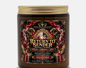 May include: A brown glass jar candle with a gold lid and a label featuring the text "Return to Sender Ritual Candle," "Sage & Cypress," and "Net Wt. 6.9 oz (195 g)." The label displays gold lion figures, red roses, and a central mirror graphic.
