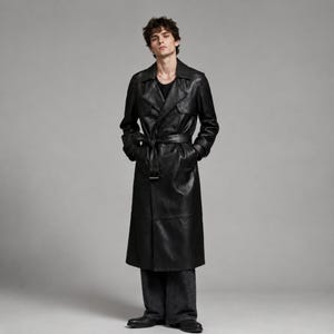 May include: A long black leather trench coat featuring a wide collar, double-breasted button closure, and a matching tie belt at the waist. The coat has long sleeves with cuffs and falls to the mid-calf, worn over a black shirt and dark trousers.