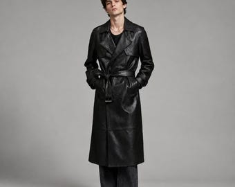 Abrigo largo de cuero negro para hombre, cruzado, con cinturón, estilo clásico y sastre.