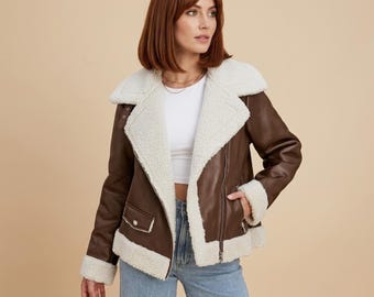 Giacca bomber B3 da donna in pelle di pecora / Cappotto invernale da aviatore foderato in montone