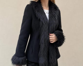 Wollen Penny Lane-jas dames | Halflange jas met zwarte bontafwerking | Vintage geïnspireerde winterjas | Cadeau voor haar