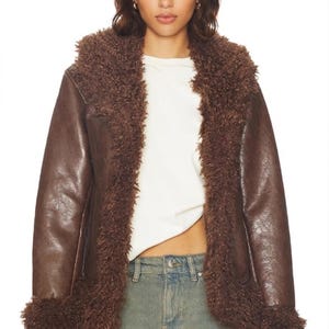 Women's Brown Penny Lane Jacket | 90s Fur Trim Leather Coat | Vintage Style Boho Leather Jacket | Retro Afghan Style Coat