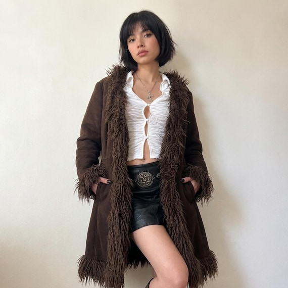 Women's Brown Penny Lane Coat – Real Suede Leather Long Coat With Shearling Trim – Afghan Style 70s Coat – Winter Boho Suede Jacket