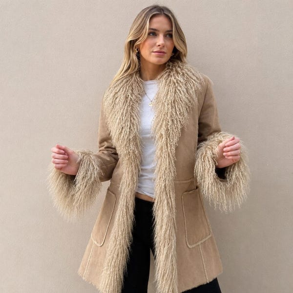 Afghansk mockakappa för kvinnor | Beige mockakappa i penny lane-modell från 1970-talet | Vintage vinterkappa i fårskinn | Handgjord bohokappa