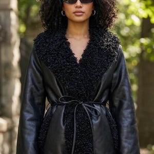 Women's Black Penny Lane Coat | 1990s Leather Shearling Coat | Vintage Belted Afghan Coat | Boho Winter Fur Trim Jacket