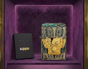 Antike Maske Zippo Feuerzeug Gold Tribal Design Geschenk für ihn, einzigartiges graviertes Zippo Feuerzeug, Vintage Stil Herren Accessoire, Geburtstag Geschenkidee