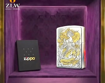 Zippo Drache Feuerzeug, Geburtstagsgeschenk für ihn, Silber Gold Kunst Sammlerstück, Herren Accessoire, Geschenk für Papa Andenken Dekor Stück Stil