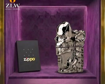 Premium künstlerisches Zippo Feuerzeug, Chrom Schädel Motiv, Sammlerstück, Jubiläumsgeschenk, Geschenk für ihn, Herren Zubehör Dekor