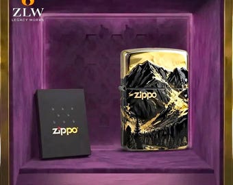 Zapalniczka Zippo z motywem górskim w kolorze czarno-złotym, z malowniczym grawerunkiem, kolekcjonerska zapalniczka na prezent dla niego, akcesoria męskie, pomysł na prezent inspirowany naturą