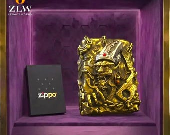 Oni Demon Zippo Feuerzeug 3D graviert Antique Gold Design Sammlerstück, gotischer Stil leichter Geschenk für ihn einzigartiges Herren Accessoire