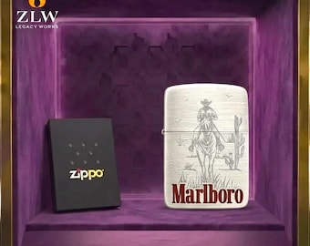 Klassisches Western Zippo Feuerzeug Geschenk, Vintage Cowboy gravierte Design, gebürstete Metalloberfläche, Geburtstagsgeschenk für ihn, Herren Accessoires Geschenkidee