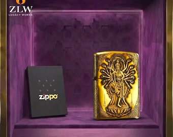 Heilige Göttin graviertes Zippo Feuerzeug Sammlerstück, Asiatische Gottheit Gold Design, Premium Herren Accessoire, Geschenk für ihn, Perfektes Vatertagsgeschenk
