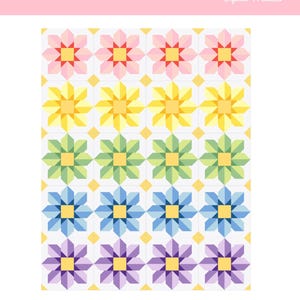 Könnte beinhalten: Ein Quiltmuster mit dem Titel "Chromatic Blooms", das ein sich wiederholendes Blumenmuster in Regenbogenfarben zeigt. Das Muster enthält Größen für eine Babydecke (122 cm x 122 cm) und einen großen Überwurf (163 cm x 203 cm).