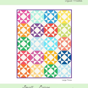 Op de afbeelding: Een Sawtooth Coins quiltpatroon van Squid Makes met een raster van kleurrijke stervormige blokken in roze, geel, oranje, groen en blauw. Het document vermeldt de maten: Baby 122 x 122 cm, Small Throw 163 x 163 cm, Large Throw 163 x 203 cm, Queen 244 x 244 cm en King 284 x 284 cm.