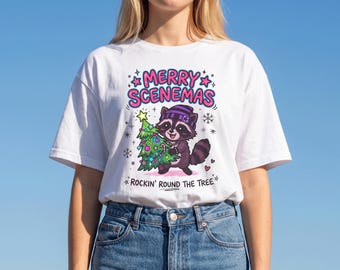 Merry Scenemas Raccoon Shirt | Scenecore Christmas Emo Holiday Tee, Y2K Trash Panda Top, Scene Kid Aesthetic, Cute Goth Alt Fashion