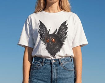 Mothman T-Shirt | Dark Furred Creature Red Eyes, Cryptid Graphic Tee, Gothic Horror Illustration, Spooky Cryptidcore Aesthetic Shirt