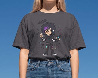 Scenecore Shirt Emo Gamer | Cute Goth Kid with Game Console, Y2K Indie Clothing, Alt Fashion Pastel Goth Tee, 2000s Nostalgia Shirt