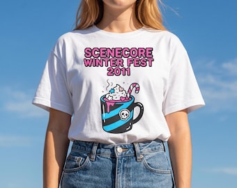 Scenecore Shirt Winter Fest 2011 | Emo Holiday Hot Cocoa Tee, Scene Kid Y2K Aesthetic Clothing, Cute Goth Faux Festival Top, Myspace Era