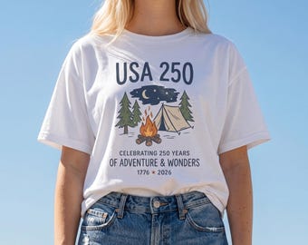 USA 250th Anniversary Shirt | Semiquincentennial 1776-2026 Tee, America 250 Camping Campfire Graphic, Patriotic Outdoor Adventure T-Shirt