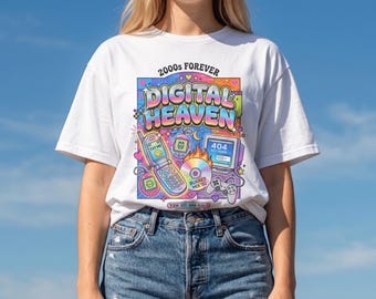 Y2K Shirt 2000s Nostalgia | Retro Tech Digital Heaven Tee, Vaporwave Gamer T-Shirt, Colorful Aesthetic Y2K Clothing, Kidcore Top