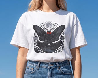 Mothman Shirt Red-Eyed Moon | Gothic Night Forest Graphic Tee, Spooky Cryptid Merch, Dark Nature Occult Clothing, Weirdcore Alt Aesthetic