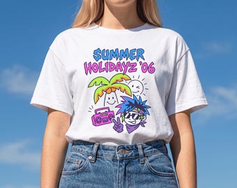 Y2K  Shirt Summer Vacation | 2000s Nostalgia Retro Beach Tee, Neon Kidcore Aesthetic Top, 2006 Holiday Graphic T-Shirt, Funky Surf Apparel