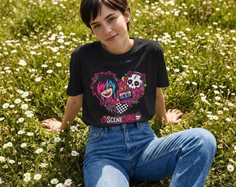 SceneCore Shirt Heart Graphic | Emo Scene Skull Cassette Checkerboard, Y2K Nostalgia Clothing, Neon Punk Rock Shirt, Alt Fashion Tee