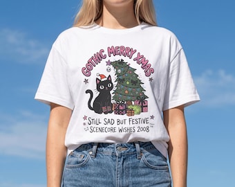Gothic Merry Xmas Black Cat Shirt | Still Sad But Festive Emo Holiday Tee, Scenecore Y2K Christmas T-Shirt, Cute Goth Alternative Top