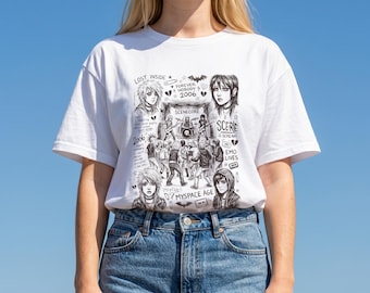 Scenecore Shirt 2000s Nostalgia | Emo Scene Collage T-Shirt, MySpace Era Sketch Aesthetic, Y2K Alt Fashion Tee, Goth Punk Clothing