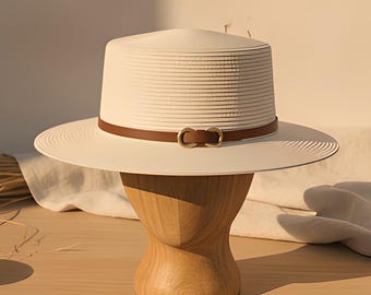 White Straw Boater Hat, Womens Beach Sunhat, Flat Top Wide Brim, Tan Band, Summer Travel