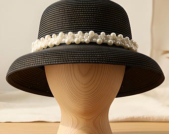 Frauen Strandhut | Strohsonne | Perlenband Schwarz | Sommer Urlaub | Verstellbare Passform