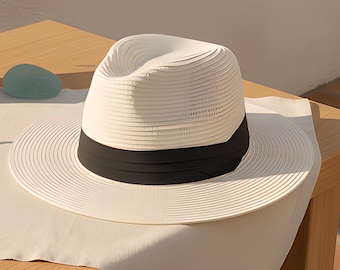 Womens Straw Hat | Panama Style | White Beach Sun | Foldable Summer Travel