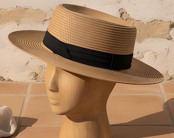 Womens Boater Hat | Straw Sun Protection, Khaki Beach, Black Band, Summer Travel