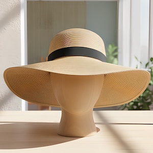 Può includere: Un cappello da sole beige a tesa larga con una fascia nera, esposto su una testa di manichino. Il cappello ha una trama intrecciata e un'ampia tesa, perfetto per la protezione solare. Il cappello è esposto su un tavolo di legno chiaro.
