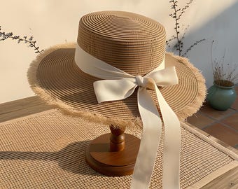 Raw Edge Straw Hat | Womens Bucket Sun | Khaki Bow