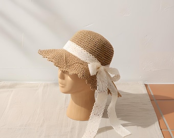 Frauen Strandhut | Stroh Sun Khaki Spitzenbogen, breite Krempe, Reisen